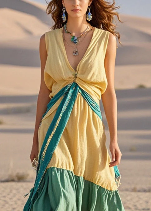 Chic Yellow Asymmetrical Patchwork Cotton Long Dresses Sleeveless - Image 2
