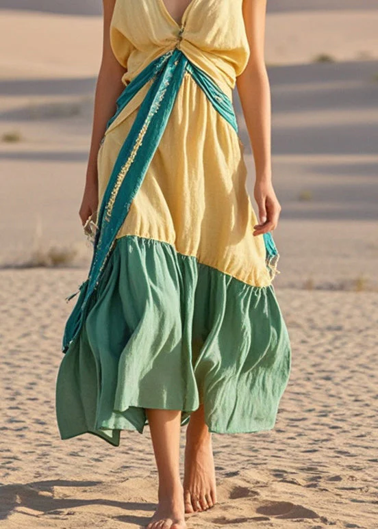 Chic Yellow Asymmetrical Patchwork Cotton Long Dresses Sleeveless - Image 4