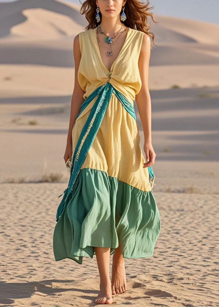 Chic Yellow Asymmetrical Patchwork Cotton Long Dresses Sleeveless - Image 5