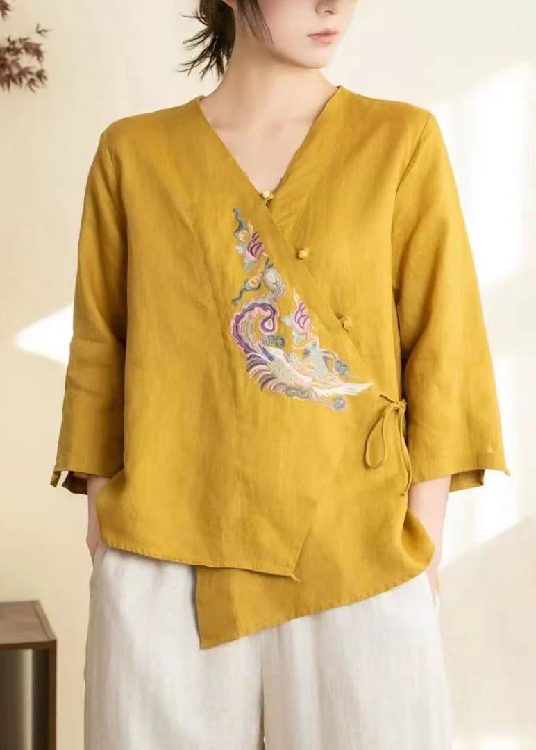 Chic Yellow Embroidered Lace Up Linen Shirts Spring - Image 2