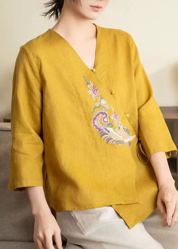 Chic Yellow Embroidered Lace Up Linen Shirts Spring - Image 4