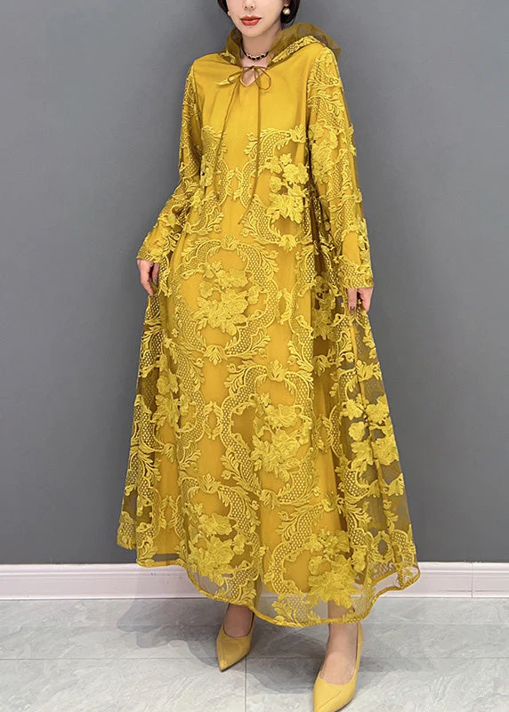 Chic Yellow Embroideried Neck Tie Tulle Maxi Dresses Long Sleeve - Image 2