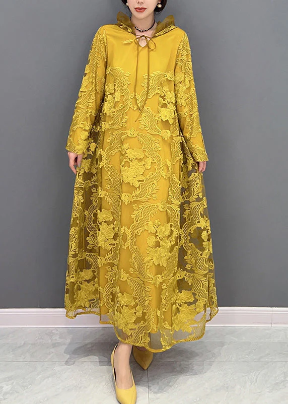 Chic Yellow Embroideried Neck Tie Tulle Maxi Dresses Long Sleeve - Image 3