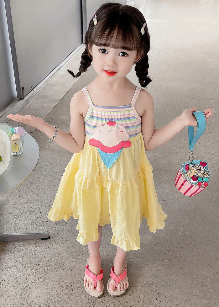 Chic Yellow Embroideried Ruffled Patchwork Girls Slip Mid Dress Sleeveless - Image 2