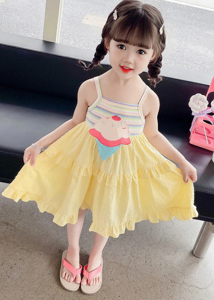 Chic Yellow Embroideried Ruffled Patchwork Girls Slip Mid Dress Sleeveless - Image 3