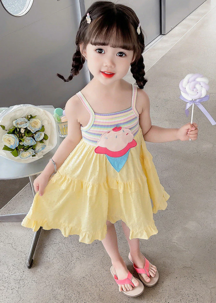 Chic Yellow Embroideried Ruffled Patchwork Girls Slip Mid Dress Sleeveless - Image 4