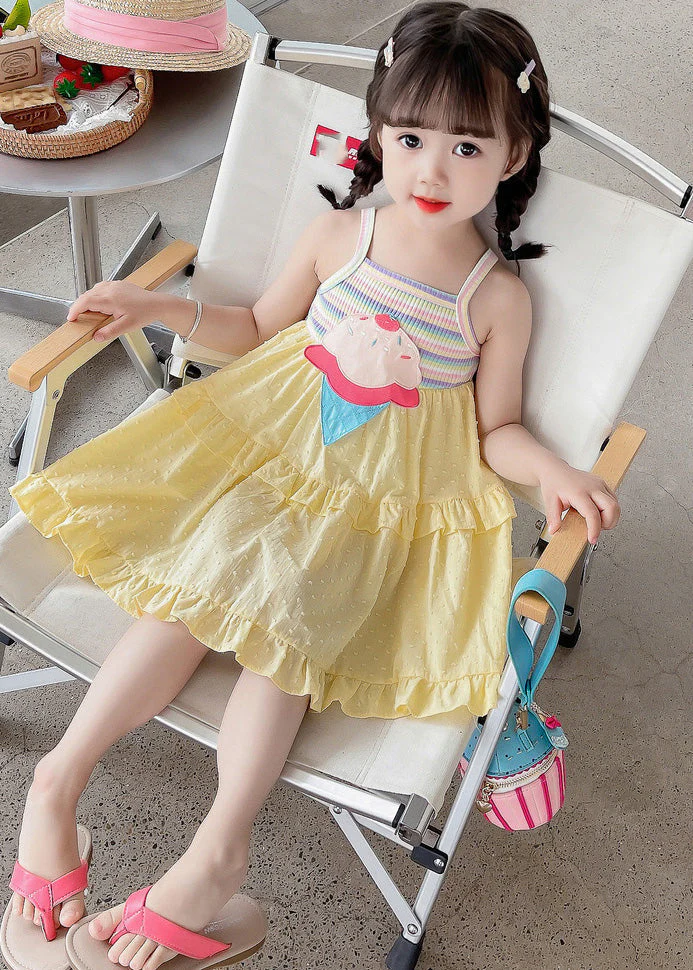 Chic Yellow Embroideried Ruffled Patchwork Girls Slip Mid Dress Sleeveless - Image 5