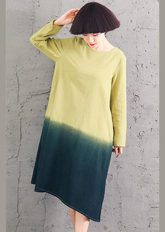 Chic Yellow O-Neck Gradient color Cotton Dress Spring - Image 2