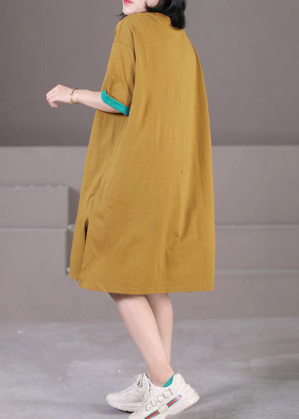 Chic Yellow O-Neck Patchwork Applique Side Open Cotton Maxi Dress Short Sleeve - Image 5
