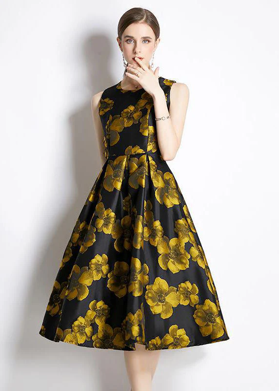 Chic Yellow O-Neck Print Silk A Line Dress Sleeveless - Image 2