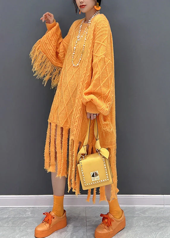 Chic Yellow O-Neck Tassel Knit Long Dresses Fall - Image 4