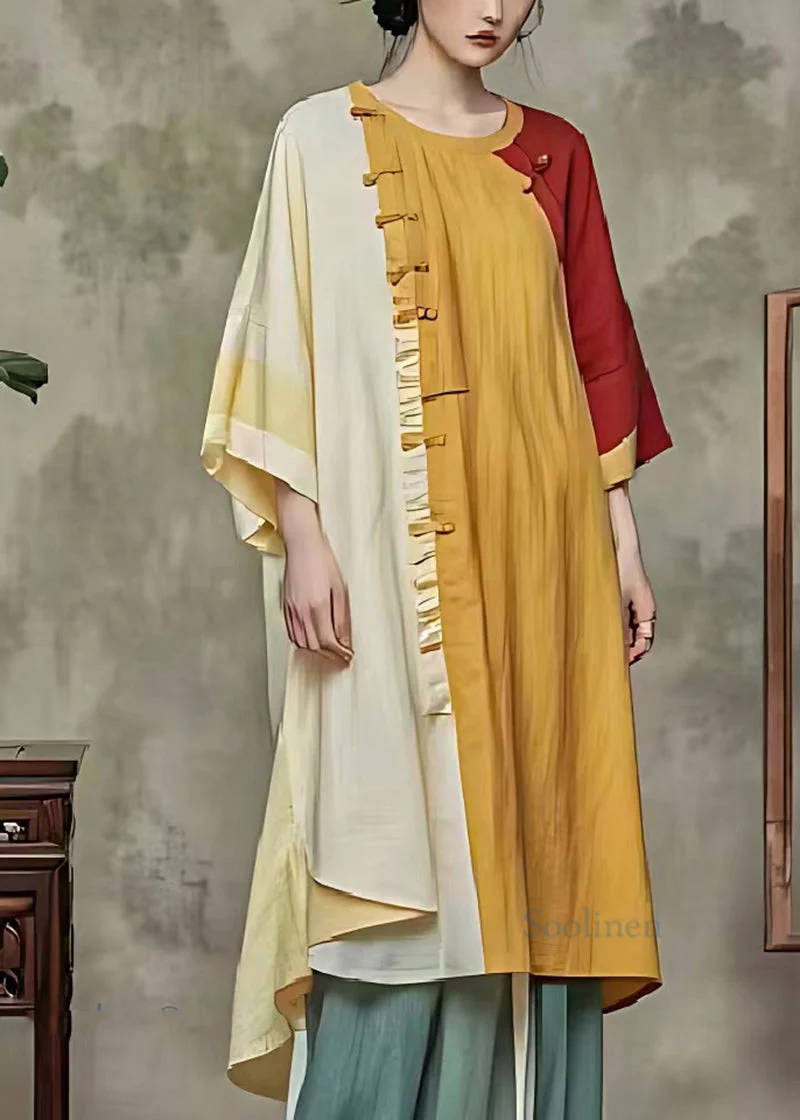 Chic Yellow Oversized Patchwork Linen Shirt Dress Summer - Image 2