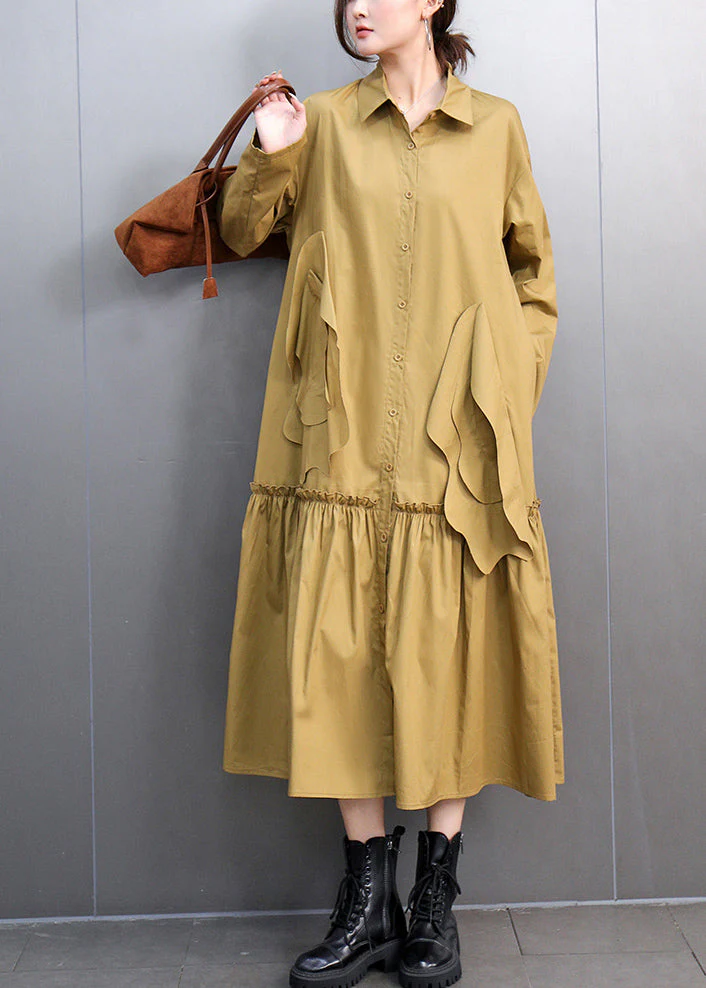Chic Yellow Peter Pan Collar Pockets Long Shirts Dresses Spring - Image 2