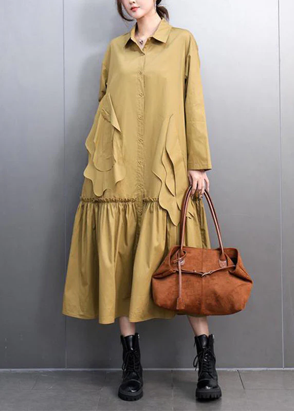 Chic Yellow Peter Pan Collar Pockets Long Shirts Dresses Spring - Image 4