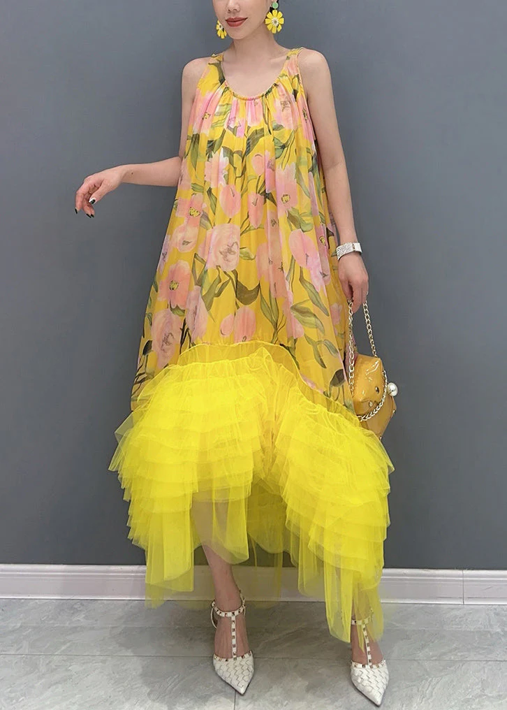 Chic Yellow Print Tulle Patchwork Long Dress Sleeveless - Image 2