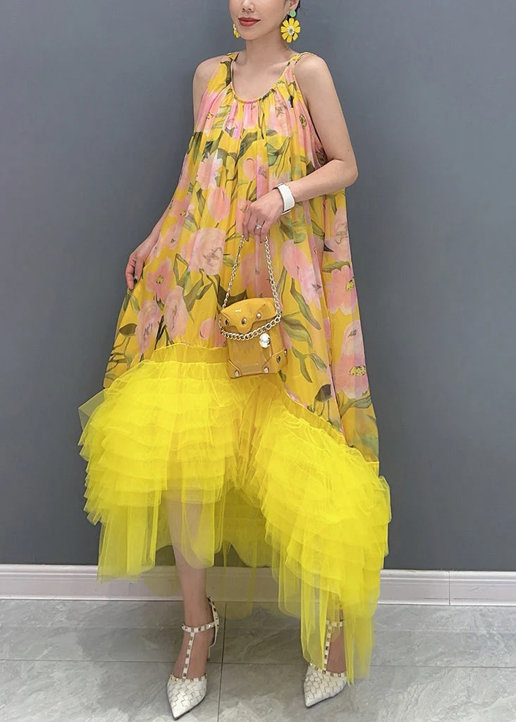 Chic Yellow Print Tulle Patchwork Long Dress Sleeveless - Image 3