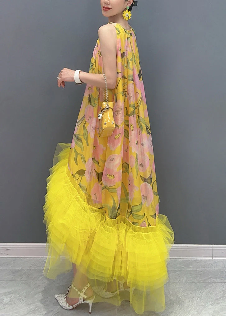 Chic Yellow Print Tulle Patchwork Long Dress Sleeveless - Image 4