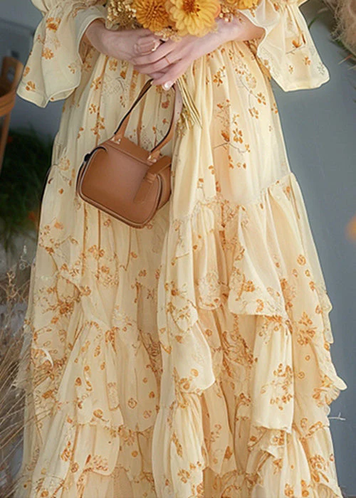Chic Yellow Ruffled Print Chiffon Dress Flare Sleeve - Image 2