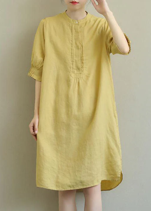 Chic Yellow side open Cotton Mid Dress Half Sleeve