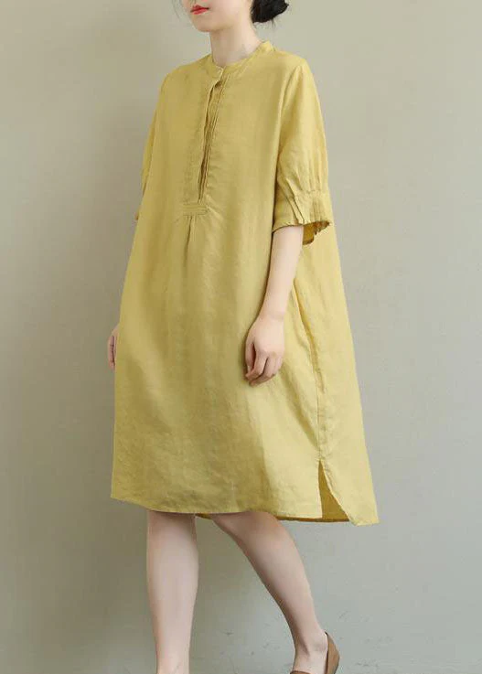 Chic Yellow side open Cotton Mid Dress Half Sleeve - Image 3