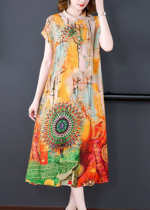Chic Yellow Stand Collar Print Patchwork Silk Dress Summer - Image 3