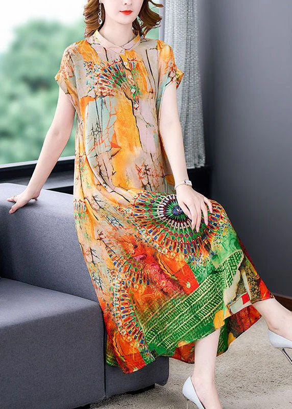 Chic Yellow Stand Collar Print Patchwork Silk Dress Summer - Image 4