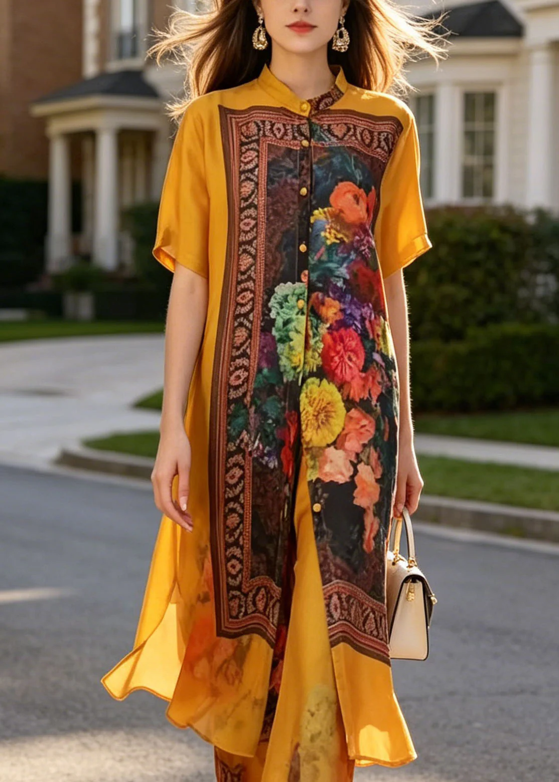 Chic Yellow Stand Collar Print Silk Two Piece Suit Set Summer - Image 2