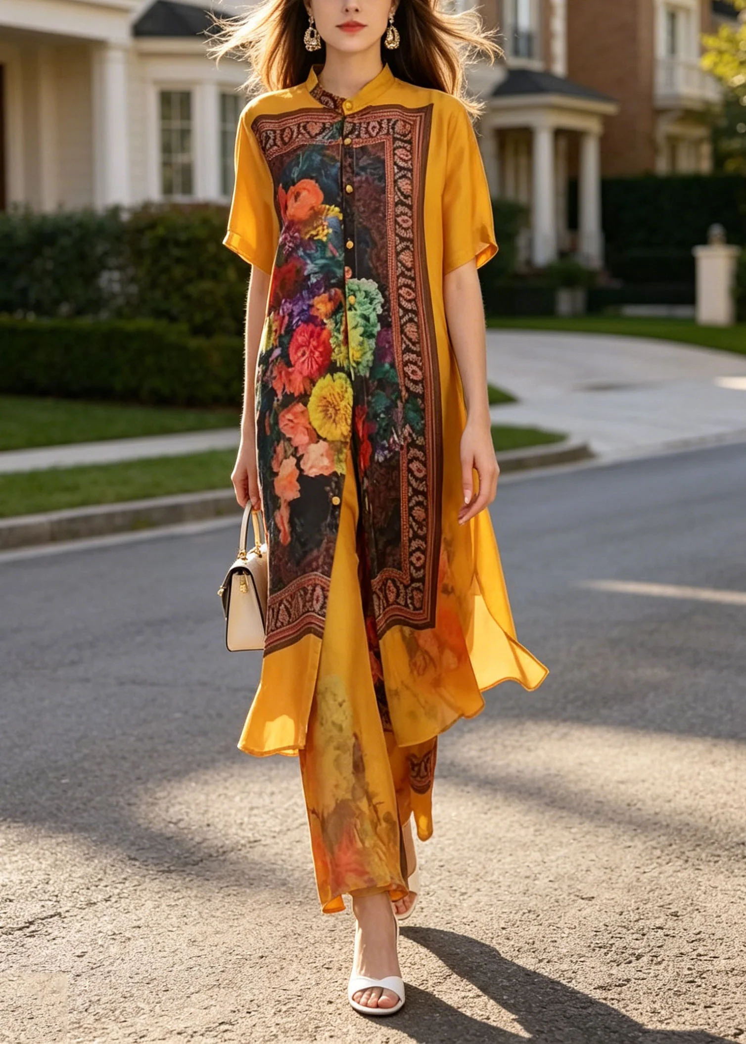 Chic Yellow Stand Collar Print Silk Two Piece Suit Set Summer - Image 3