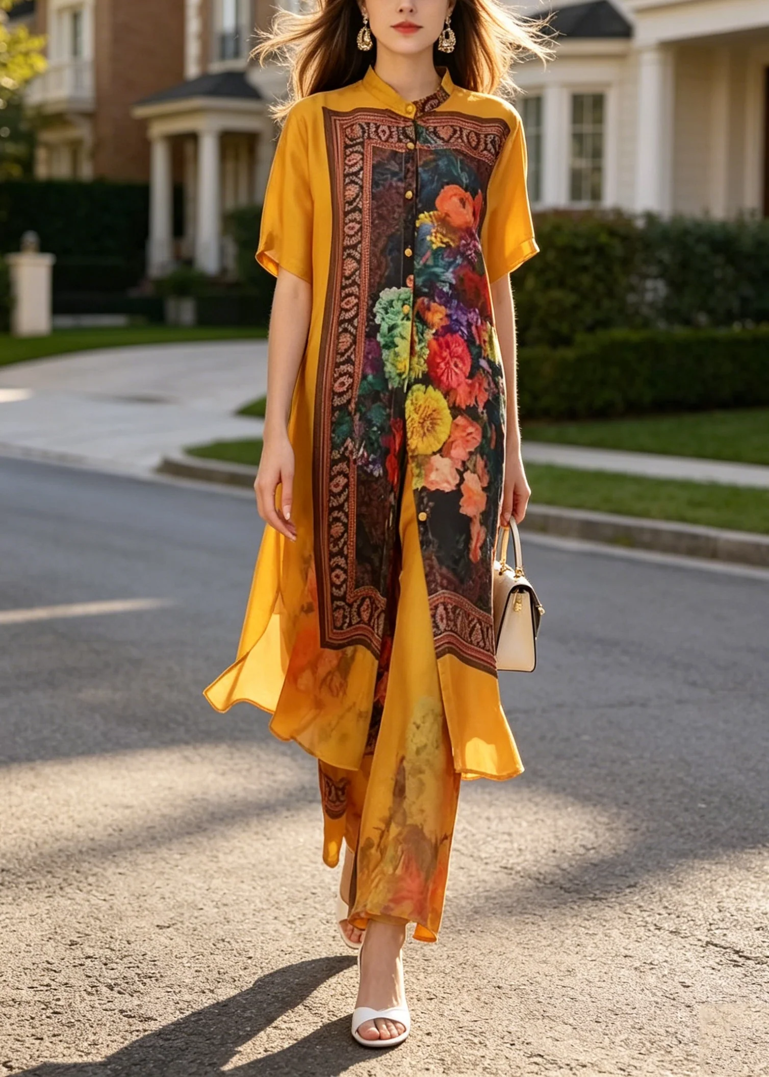 Chic Yellow Stand Collar Print Silk Two Piece Suit Set Summer - Image 5
