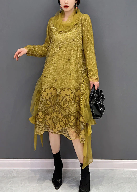 Chic Yellow Turtleneck Embroideried Tulle Holiday Dress Long Sleeve - Image 2
