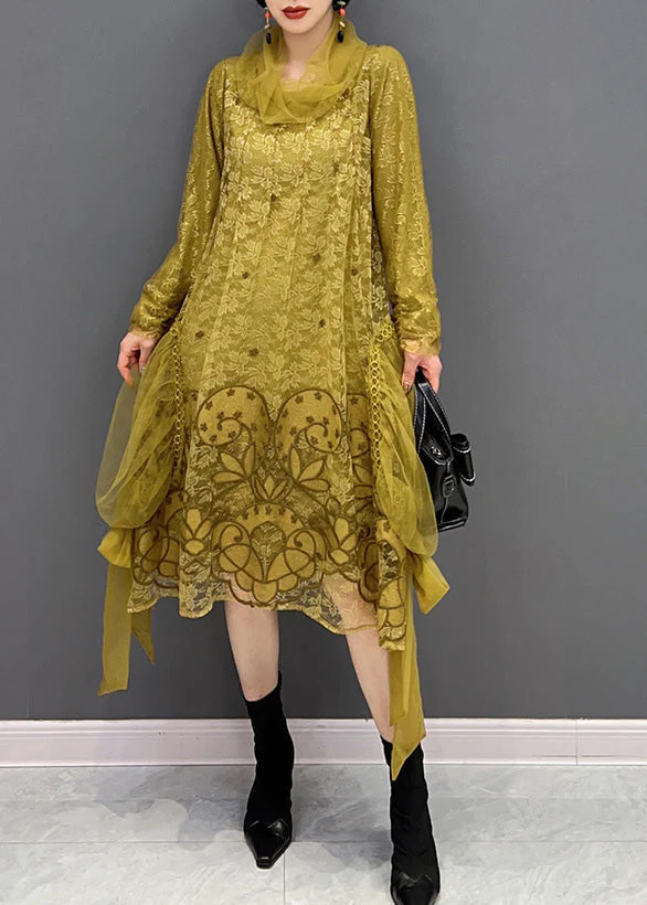 Chic Yellow Turtleneck Embroideried Tulle Holiday Dress Long Sleeve - Image 3