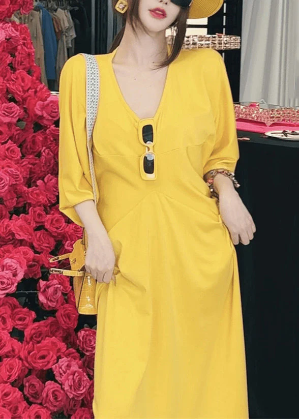 Chic Yellow V Neck Patchwork Cotton Dresses Batwing Sleeve - Image 2