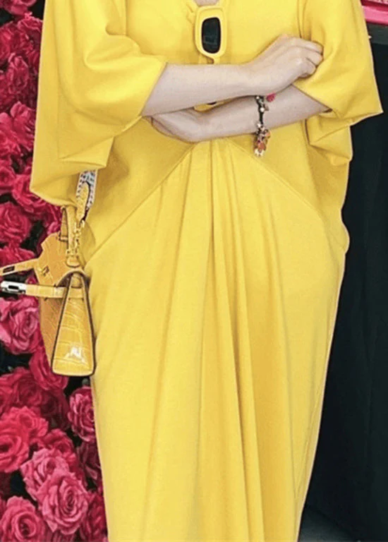 Chic Yellow V Neck Patchwork Cotton Dresses Batwing Sleeve - Image 3