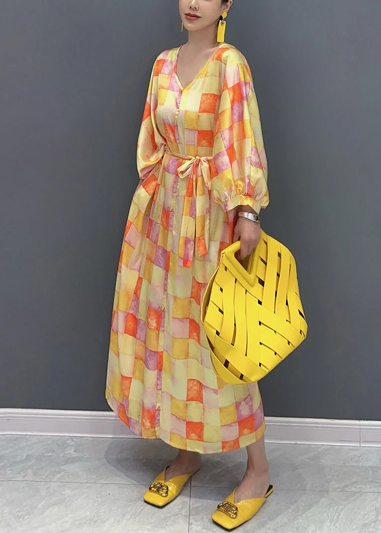 Chic Yellow V Neck Plaid Silk Long Dress Lantern Sleeve - Image 3