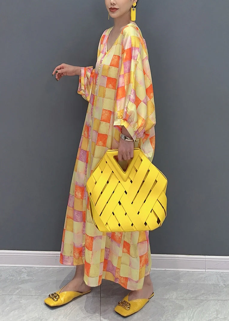 Chic Yellow V Neck Plaid Silk Long Dress Lantern Sleeve - Image 4