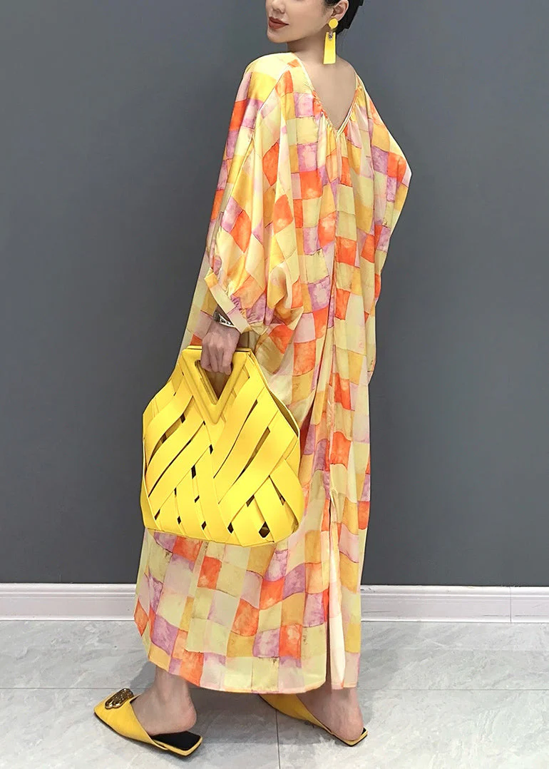 Chic Yellow V Neck Plaid Silk Long Dress Lantern Sleeve - Image 5
