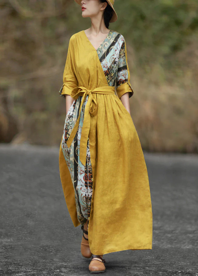Chic Yellow V Neck Tie Waist Patchwork Cotton Maxi Dresses Half Sleeve - Image 3