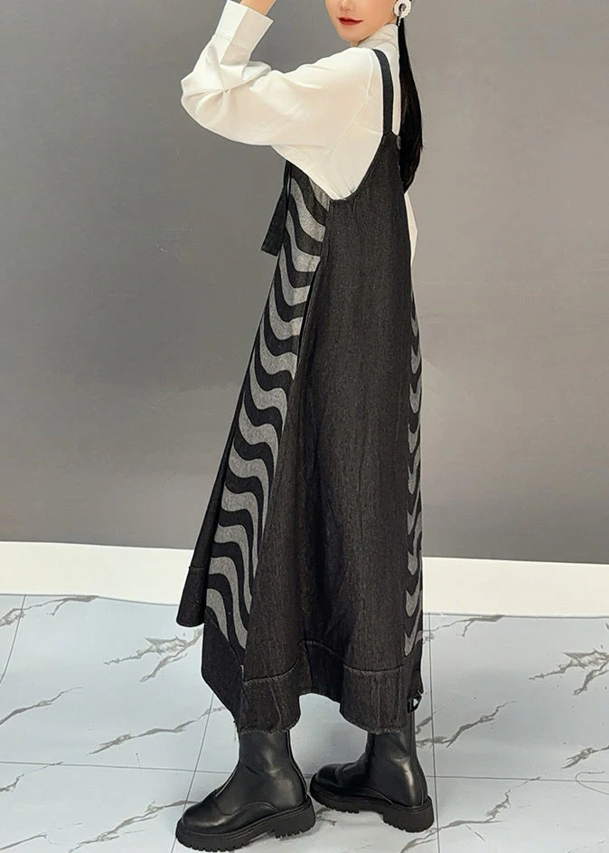 Chice Black Slash Neck Striped Pockets Long Spaghetti Strap Dress Spring - Image 4