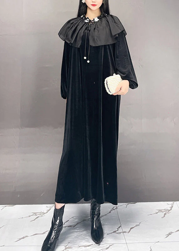 Chice White Sailor Collar Patchwork Silk Velvet Maxi Dress Spring - Image 2