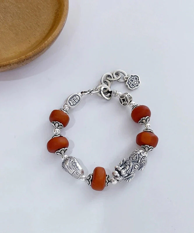 Chinese Style 999 Pure Silver Amber A Mythical Wild Animal Charm Bracelet - Image 2