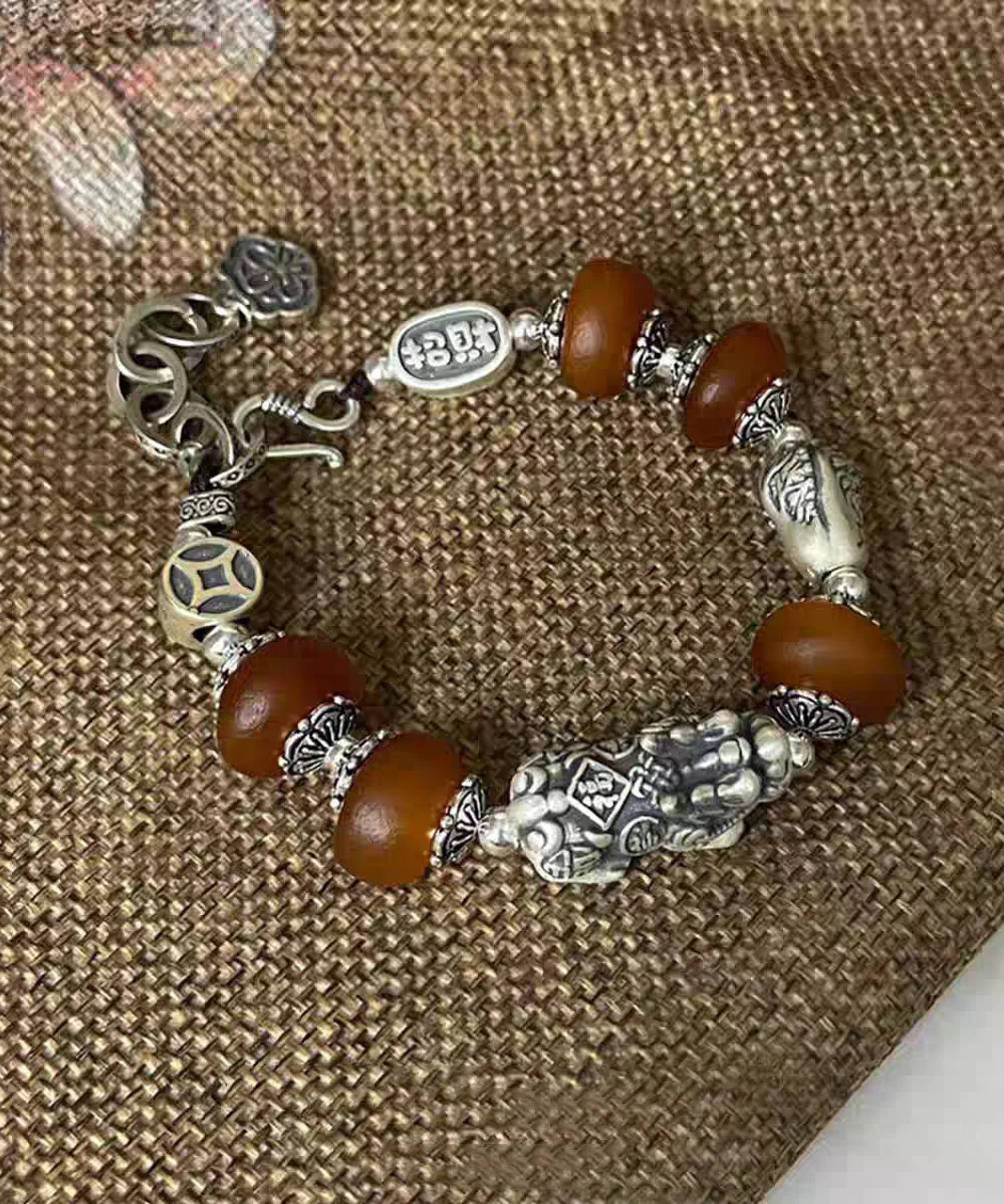 Chinese Style 999 Pure Silver Amber A Mythical Wild Animal Charm Bracelet - Image 3