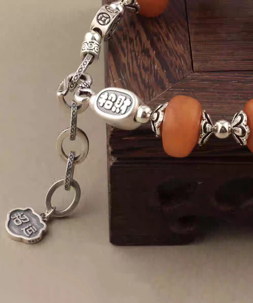 Chinese Style 999 Pure Silver Amber A Mythical Wild Animal Charm Bracelet - Image 5