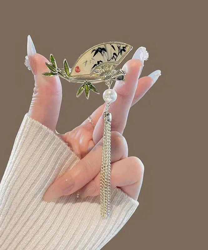 Chinese Style Alloy Pearl Bamboo Leaf Fan-Shaped Tassel Hairpin - Image 2