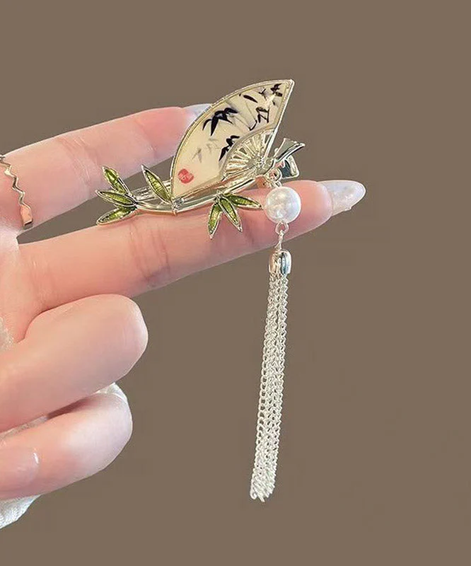 Chinese Style Alloy Pearl Bamboo Leaf Fan-Shaped Tassel Hairpin - Image 3