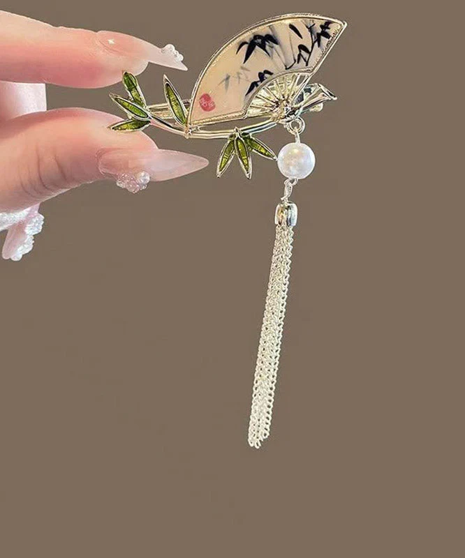 Chinese Style Alloy Pearl Bamboo Leaf Fan-Shaped Tassel Hairpin - Image 4