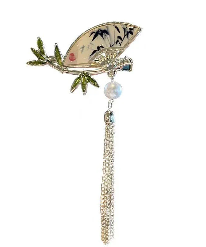 Chinese Style Alloy Pearl Bamboo Leaf Fan-Shaped Tassel Hairpin - Image 5