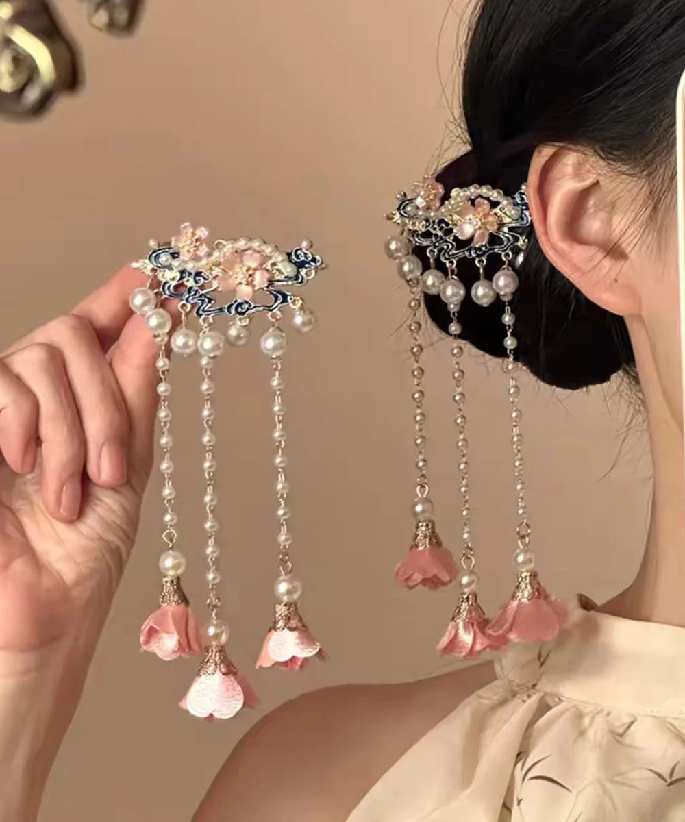 Chinese Style Alloy Pearl Floral Tassel Single Hairpin
