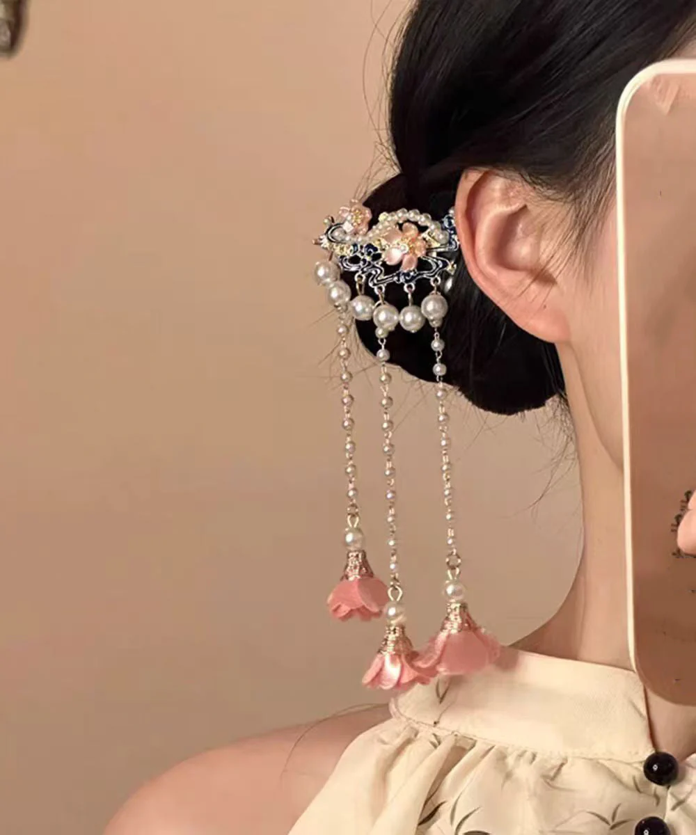 Chinese Style Alloy Pearl Floral Tassel Single Hairpin - Image 2