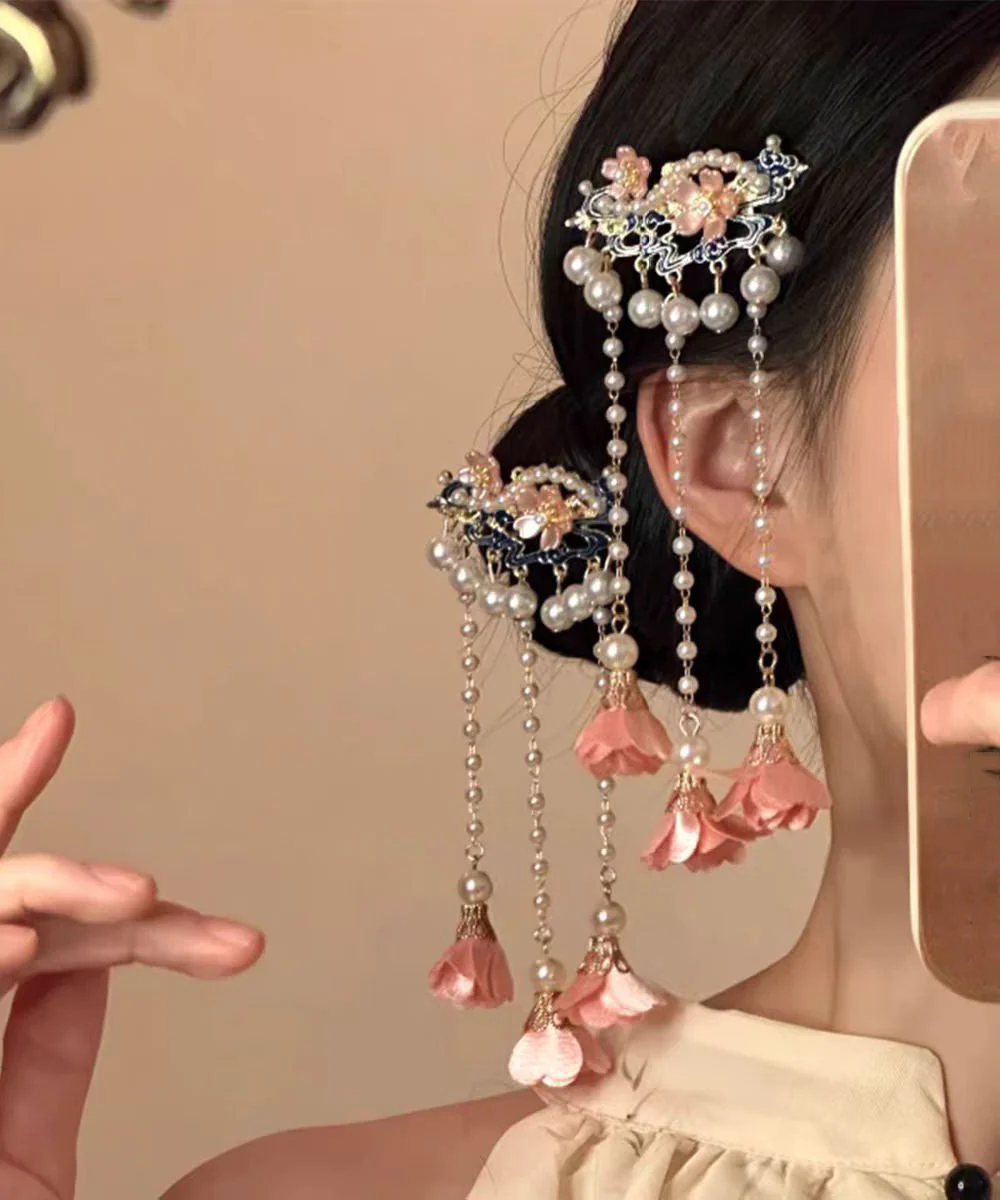 Chinese Style Alloy Pearl Floral Tassel Single Hairpin - Image 3