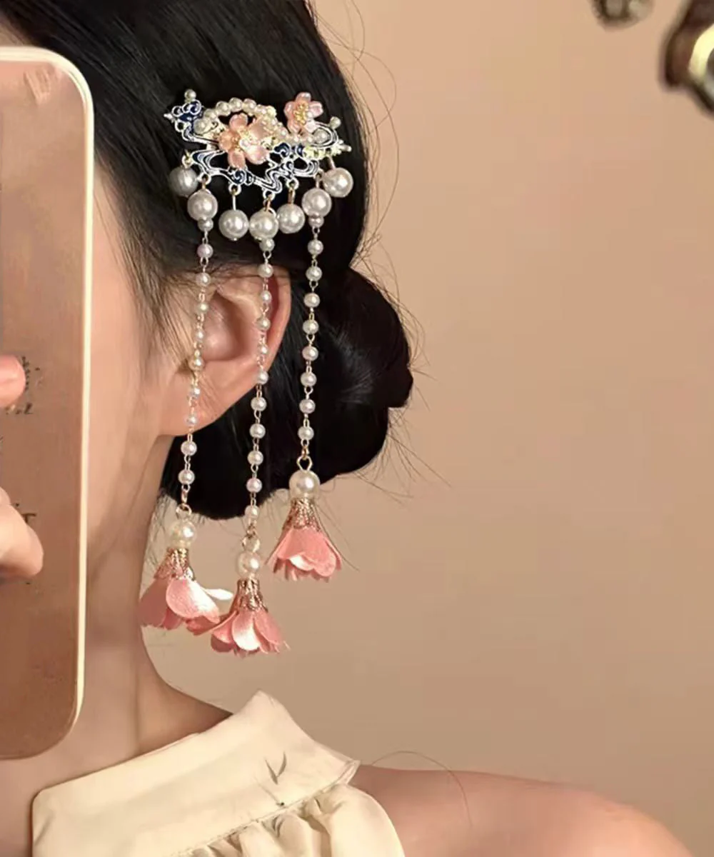 Chinese Style Alloy Pearl Floral Tassel Single Hairpin - Image 5